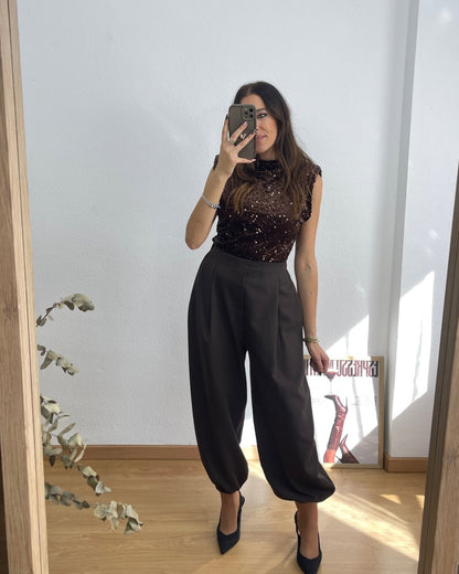 Pantalón Balloon Pinzas Marrón