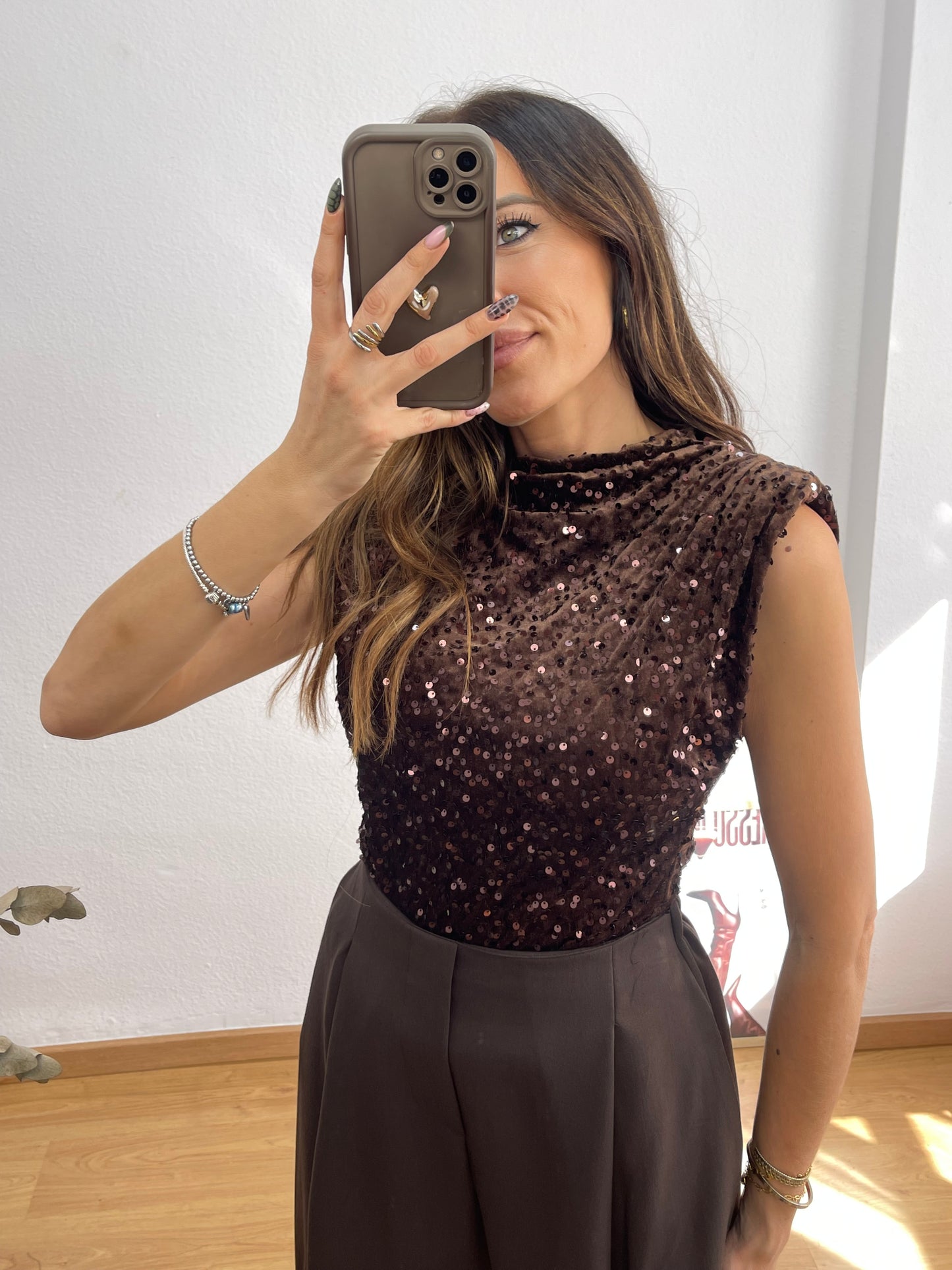 Top Lentejuelas Marrón